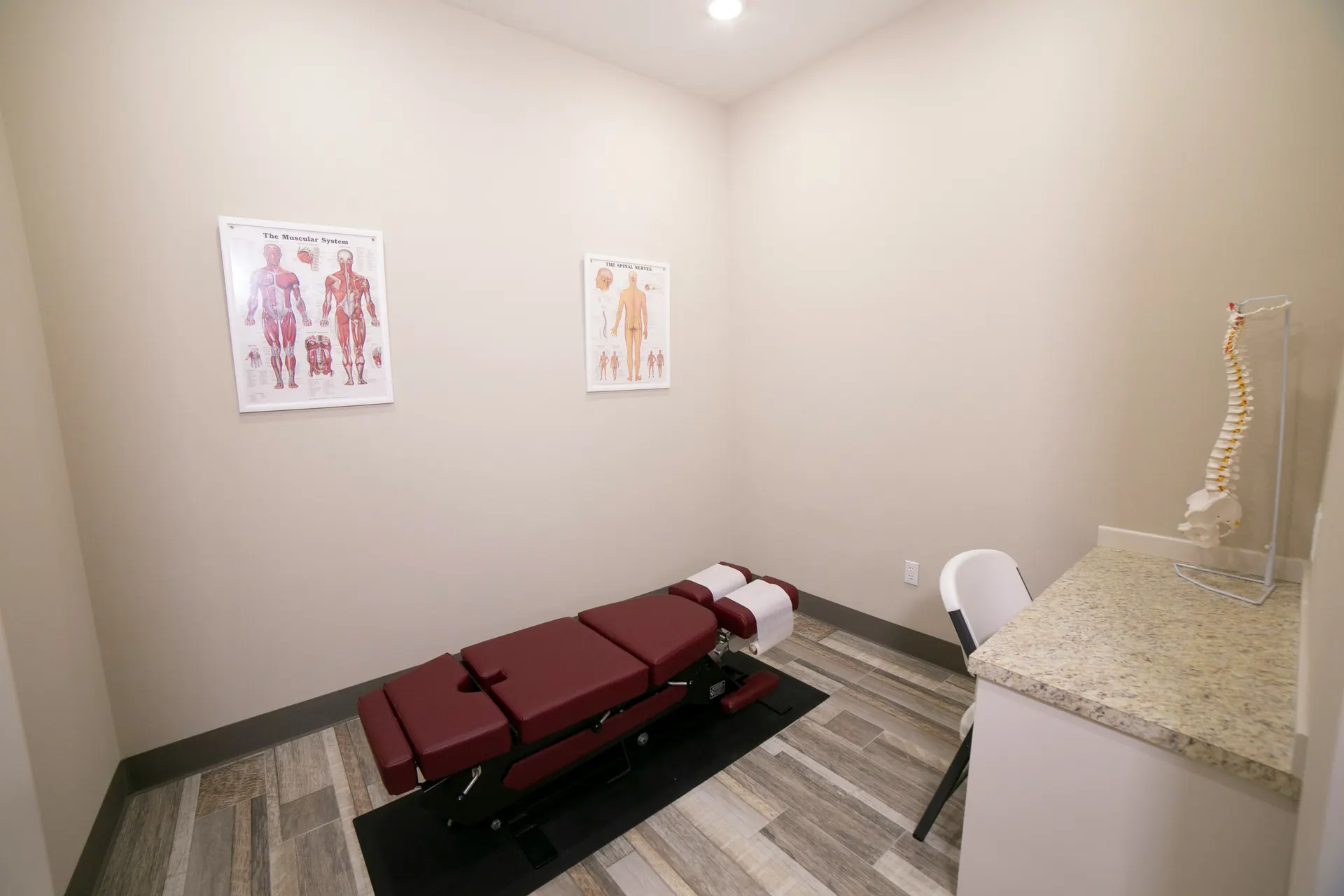 A chiropractic treatment room with anatomy charts